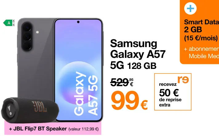 Offre: Samsung Galaxy A57 5G 128 GB + JBL Flip7 BT Speaker