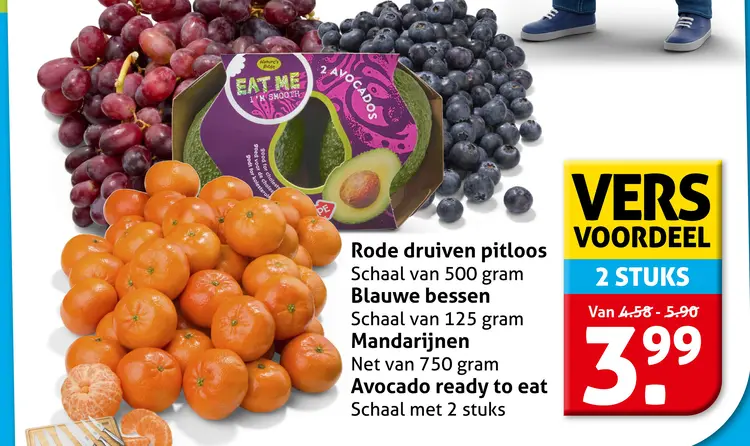 Aanbieding: Rode druiven pitloos, Blauwe bessen, Mandarijnen of Avocado ready to eat