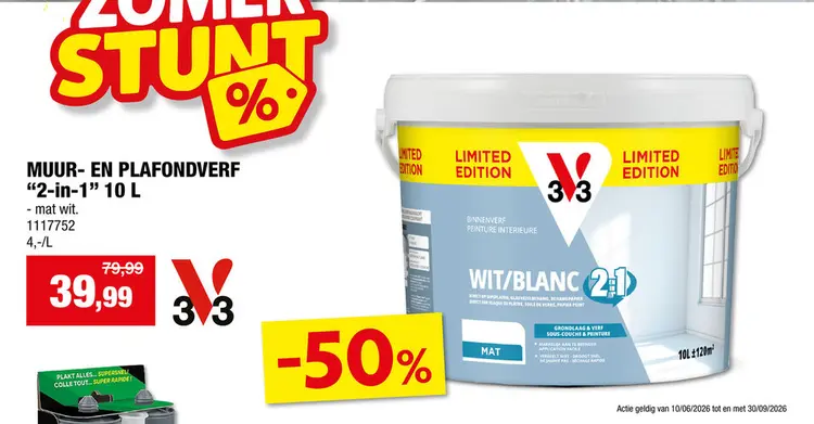 Promotie: V33 binnenverf 2-in-1 mat 10l wit