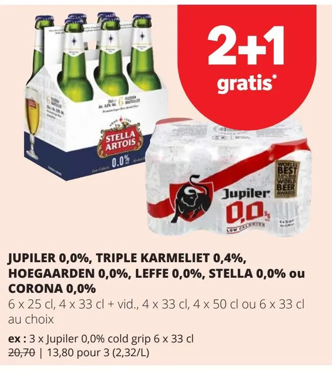 Offre: Jupiler 0.0%, Triple Karmeliet 0,4%, Hoegaarden 0,0%, Stella 0,0% ou Corona 0.0%