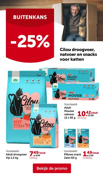 Promotie: Cilou droogvoer, natvoer en snacks voor katte