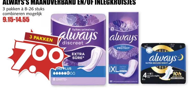 Aanbieding: Always's maandverband en/of inlegkruisjes