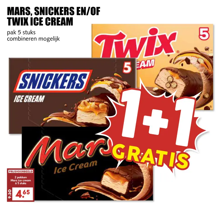 Aanbieding: Mars, Snickers en/of Twix ice cream