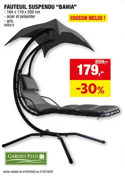 Offre: Garden Plus Bahia fauteuil suspendu gris