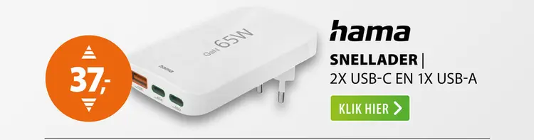 Aanbieding: Hama Snellader 2x USB-C 1x USB-A platte mini-oplader PD  65 W Wit