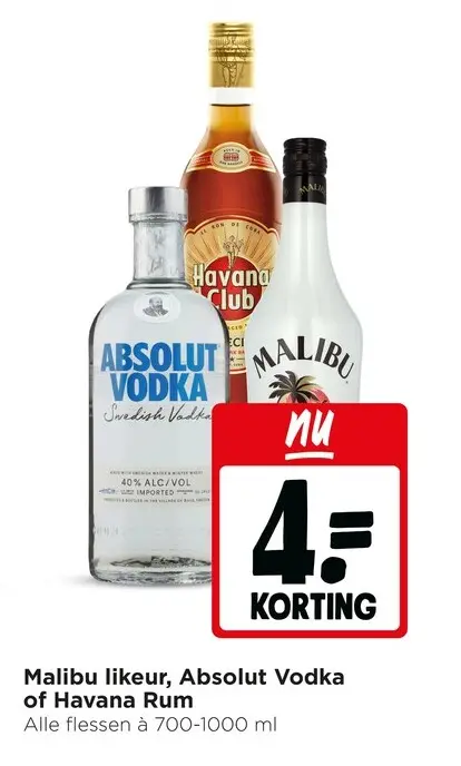Aanbieding: Malibu likeur, Absolut Vodka of Havana Rum