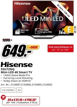 Aanbieding: Hisense 55U72NQ Mini-LED 4K Smart TV