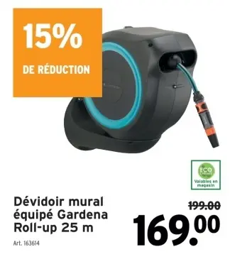 Offre: Dévidoir mural équipé Gardena Roll-up