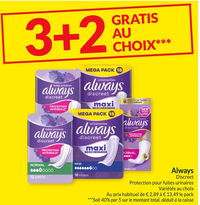 Offre: Always Discreet Protection pour fuites urinai