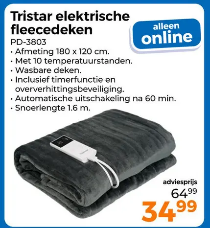 Aanbieding: Tristar elektrische fleecedeken