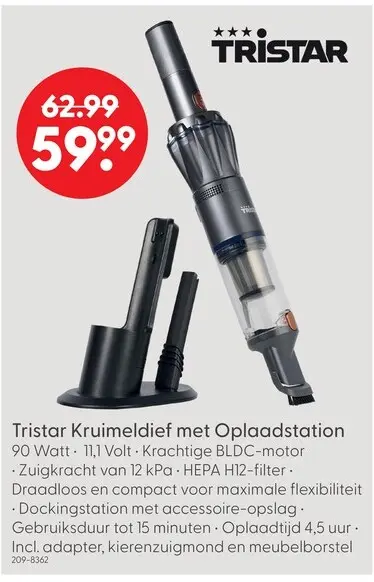 Aanbieding: Tristar kruimelzuiger met docking station bldc  motor