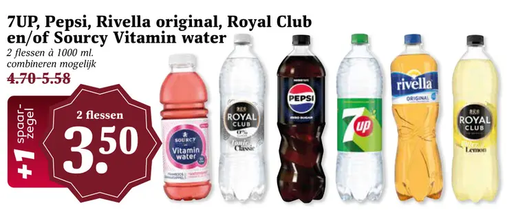 Aanbieding: 7UP, Pepsi, Rivella original, Royal Club en/of Sourcy Vitamin water
