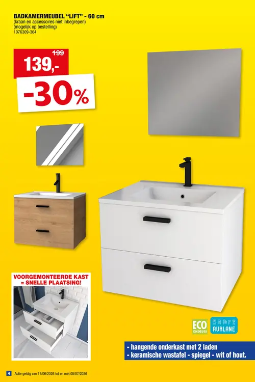 Promotie: Aurlane Lift badkamermeubel set 60cm met wastafel en spiegel wit