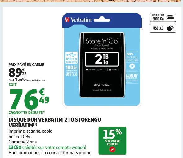Aanbieding: Disque dur Verbatim 2to storengo