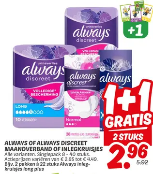 Aanbieding: Always of Always discreet maandverband of inlegkruisjes