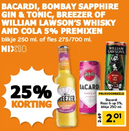 Aanbieding: Bacardi, Bombay Sapphire gin & tonic, Breezer of William Lawson's whisky and cola 5% premixen