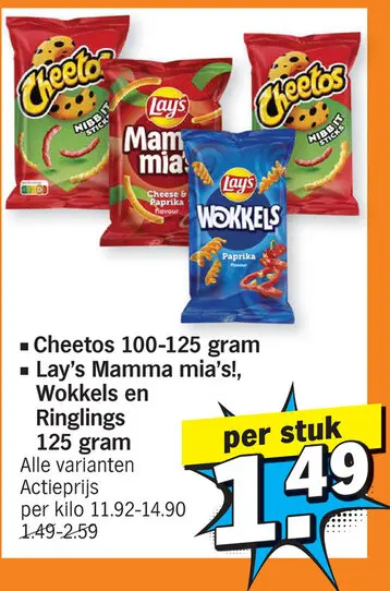 Aanbieding: Cheetos, Lay's Mamma mia's!, Wokkels en Ringlings