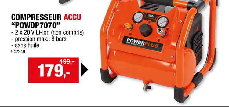 Offre: Powerplus Dual Power POWDP7070 compresseur sans fil 2x20 V sans huile batterie non comprise