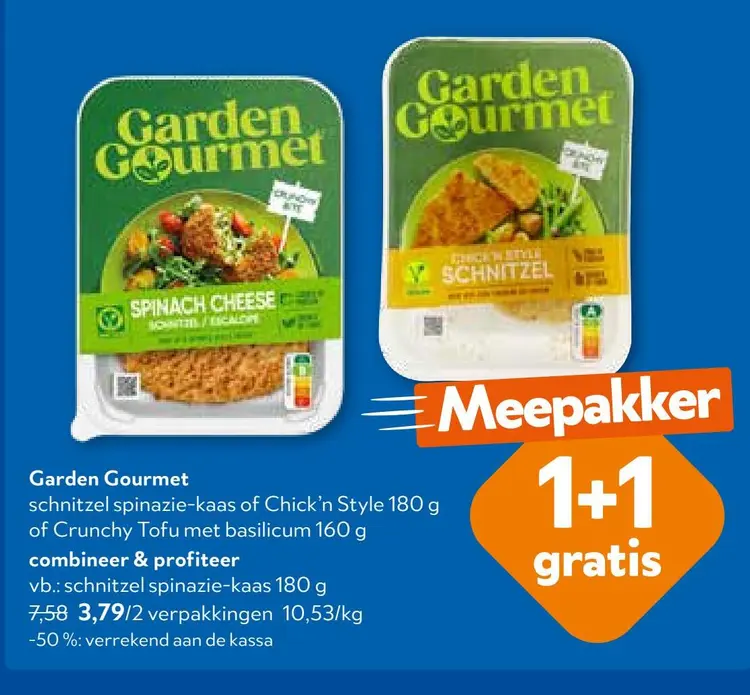 Promotie: Schnitzel spinazie-kaas of Chick'n Style of Crunchy Tofu met basilicum