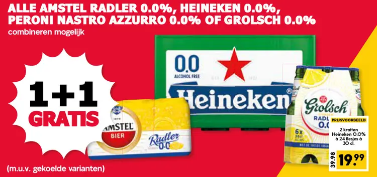 Aanbieding: Alle Amstel Radler 0.0%, Heineken 0.0%, Peroni Nastro Azzurro 0.0% of Grolsch 0.0%