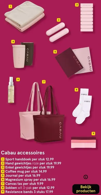 Aanbieding: Sport handdoek, hand of enkel gewichtjes, coffee mug, journal, magnesium spray, canvas tas, sokken of resistance bands