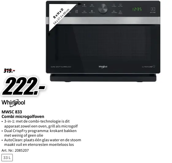 Promotie: Whirlpool MWSC 833 Combi microgolfoven