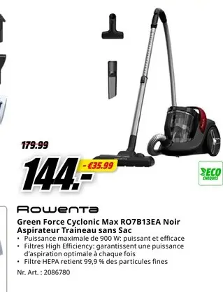Offre: Green Force Cyclonic Max RO7B13EA Noir Aspirateur Traineau sans Sac