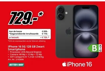 Aanbieding: iPhone 16 5G 128 GB Zwart Smartphone