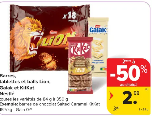 Offre: Barres, tablettes et balls Lion, Galak et KitKat 