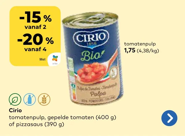 Promotie: Cirio tomatenpulp, gepelde tomaten of pizzasaus