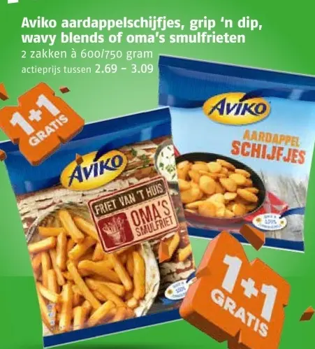 Aanbieding: Aardappelschijfjes, grip 'n dip, wavy blends of oma's smulfrieten