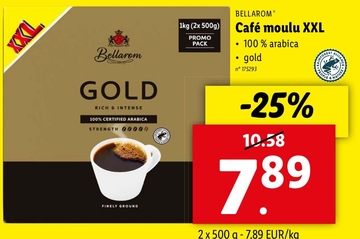 Offre: TXX Bellarom GOLD RICH & INTENSE 100 % CERTIFIED ARABICA STRENGTH 00000 Café moulu XXL • 100 % arabica gold n ° 175293 -25 % FINELY GROUND