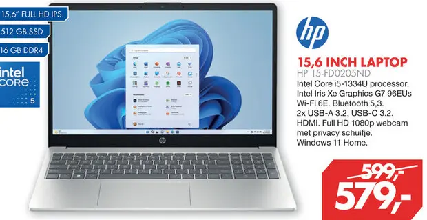 Aanbieding: 15,6 inch laptop HP 15-fd0205nd