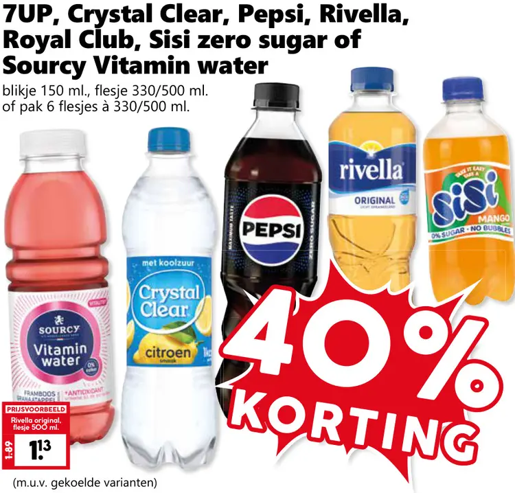 Aanbieding: Crystal Clear, Pepsi, Rivella, Royal Club, Sisi zero sugar of Sourcy Vitamin water