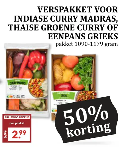 Aanbieding: Verspakket voor indiase curry madras, thaise groene curry of eenpans grieks