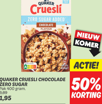 Aanbieding: QUAKER CRUESLI CHOCOLADE ZERO SUGAR