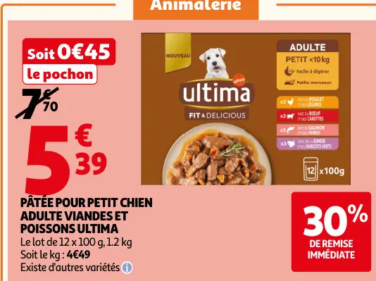 Promotie: Pâtée pour petit chien adulte viandes et poissons
