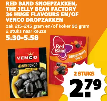 Aanbieding: Red band snoepzakken, the jelly bean factory 36 huge flavours en/of venco dropzakken