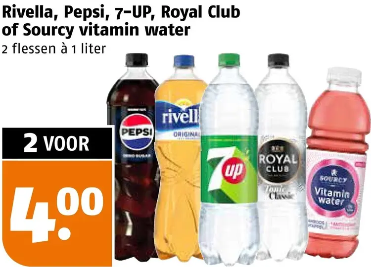 Aanbieding: Pepsi, 7-UP, Royal Club of Sourcy vitamin water
