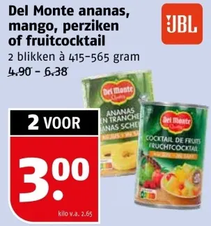 Aanbieding: ananas, mango, perziken of fruitcocktail