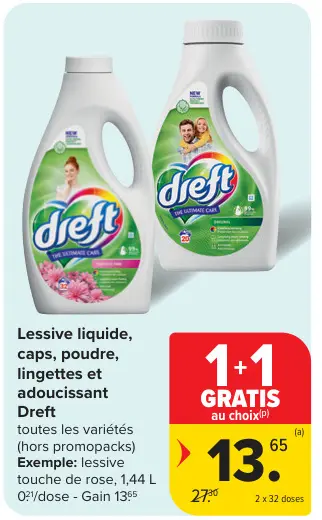 Offre: Lessive liquide, caps, poudre, lingettes et adoucissant