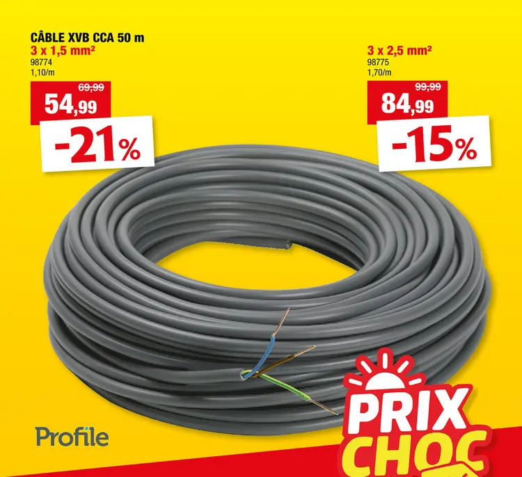 Offre: Profile Câble XVB-CCA 3G 1,5mm² 50m gris