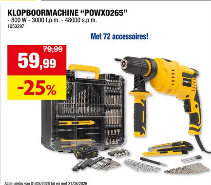 Promotie: Powerplus POWX0265 klopboormachine 800W + 72 accessoires