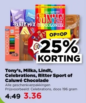 Aanbieding: Tony's, Milka, Lindt, Celebrations, Ritter Sport of Caluwé Chocolade