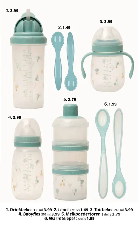Promotie: Drinkbeker, lepel, tuitbeker, babyfles, melkpoedertoren of warmtelepel