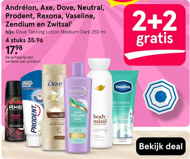 Aanbieding: Andrélon, Axe, Dove, Neutral, Prodent, Rexona, Vaseline, Zendium en Zwitsal