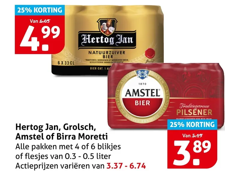 Aanbieding: Hertog Jan, Grolsch, Amstel of Birra Moretti