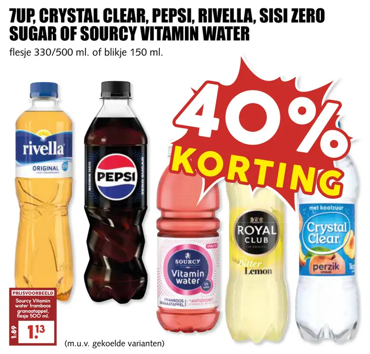 Aanbieding: 7UP, Crystal Clear, Pepsi, Rivella, Sisi Zero Sugar of Sourcy Vitamin Water