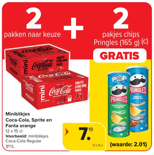 Promotie: Miniblikjes Coca-Cola, Sprite of Fanta + GRATIS pakjes chips van Pringles