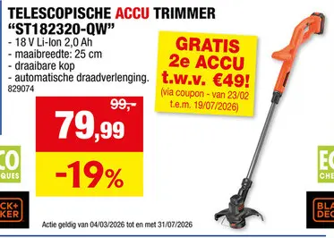 Promotie: Black+Decker ST182320-QW accu trimmer 18V Li-Ion 25cm
